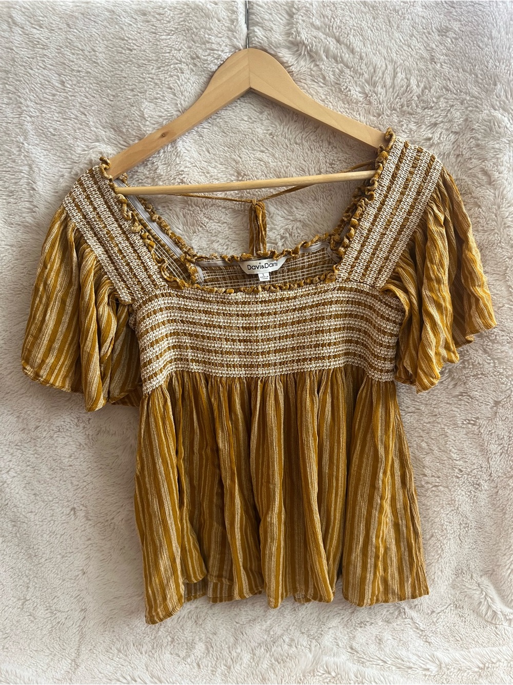 Davi & Dani Mustard Smocked Square-Neck Women's Top - Size L